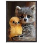 cute raccoon and chick nursery wall art with wooden frame