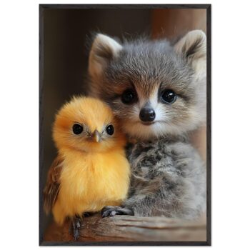 cute raccoon and chick nursery wall art with wooden frame