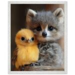 cute raccoon and chick nursery wall art with wooden frame